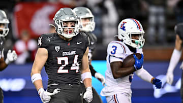 Nov 15, 2025; Pullman, Washington, USA; Washington State Cougars linebacker Sullivan Schlimgen (24) celebrates after a play against the Louisiana Tech Bulldogs in the second half at Gesa Field at Martin Stadium. Mandatory Credit: James Snook-Imagn Images