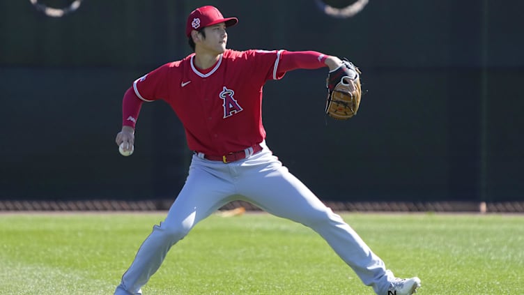 Feb 15, 2023; Tempe, AZ, USA; Los Angeles Angels starting pitcher Shohei Ohtani (17) throws during