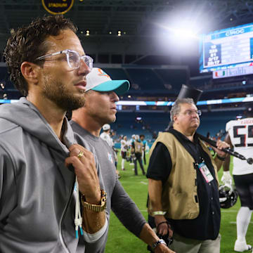 Miami Dolphins head coach Mike McDaniel looks on after the game against the Atlanta Falcons at Hard Rock Stadium.