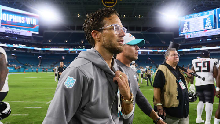 Miami Dolphins head coach Mike McDaniel looks on after the game against the Atlanta Falcons at Hard Rock Stadium.