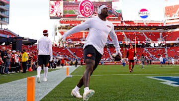 Dec 30, 2024; Santa Clara, California, USA; San Francisco 49ers wide receiver Deebo Samuel Sr. (1) during the game against the Detroit Lions at Levi's Stadium. Mandatory Credit: Sergio Estrada-Imagn Images