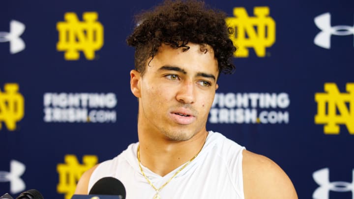 Notre Dame wide receiver Jordan Faison addresses media after a Notre Dame football practice at Irish Athletic Center on Thursday, Aug. 15, 2024, in South Bend.