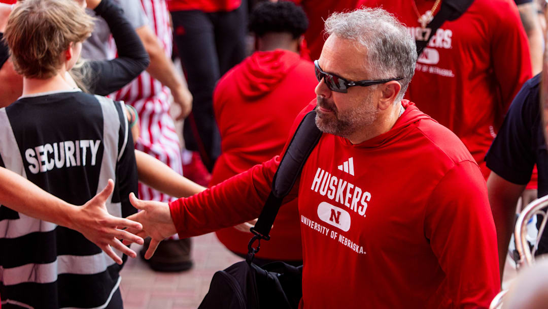 Sep 7, 2024; Lincoln, Nebraska, USA; Nebraska Cornhuskers head coach Matt Rhule walks into the facilities before the game against the Colorado Buffaloes at Memorial Stadium.