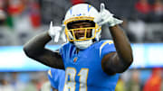 Retired Los Angeles Chargers wide receiver Mike Williams (81) during pregame warmups before playing the Kansas City Chiefs at SoFi Stadium. 