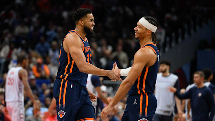 New York Knicks center Karl-Anthony Towns celebrates with guard Josh Hart.