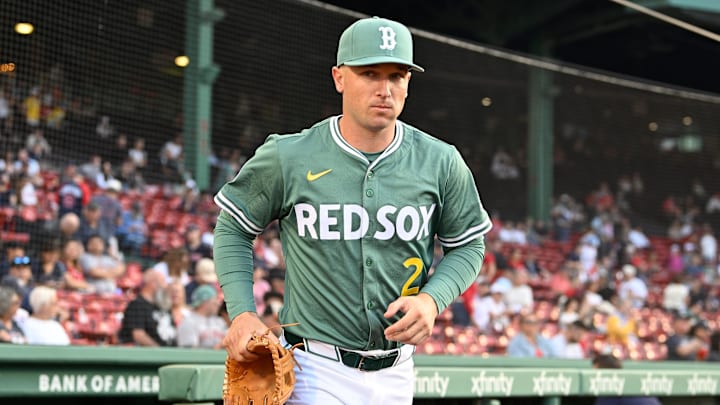 Boston Red Sox third baseman Alex Bregman (2) runs out of the dugout before the start of a game against the Atlanta Braves at Fenway Park. Boston Red Sox third baseman Alex Bregman (2) runs out of the dugout before the start of a game against the Atlanta Braves at Fenway Park.