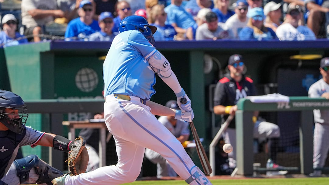 Sep 7, 2025; Kansas City, Missouri, USA; Kansas City Royals first baseman Vinnie Pasquantino (9) hits a one run single against the Minnesota Twins during the sixth inning at Kauffman Stadium. Mandatory Credit: Denny Medley-Imagn Images