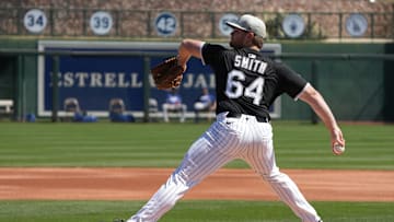 Phoenix, Arizona, USA; Chicago White Sox pitcher Shane Smith (64) throws against the Los Angeles Dodgers in the first inning at Camelback Ranch-Glendale.