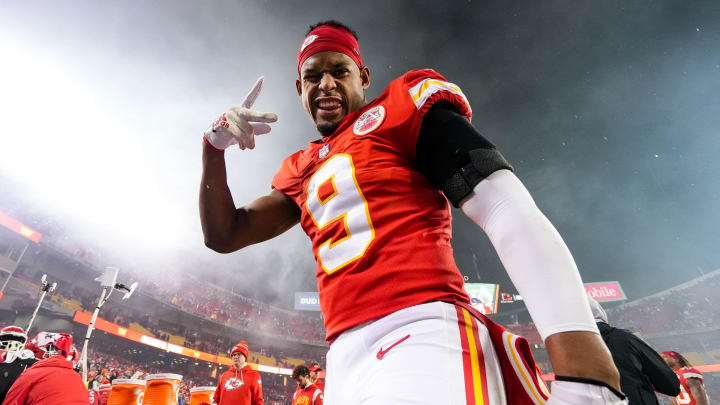 Jan 21, 2023; Kansas City, Missouri, USA; Kansas City Chiefs wide receiver JuJu Smith-Schuster (9) celebrates after defeating the Jacksonville Jaguars in an AFC divisional round game at GEHA Field at Arrowhead Stadium. 