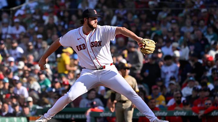 Apr 3, 2026; Boston, Massachusetts, USA; Boston Red Sox relief pitcher Justin Slaten (63) pitches against the San Diego Padres during the eighth inning at Fenway Park. Mandatory Credit: Eric Canha-Imagn Images