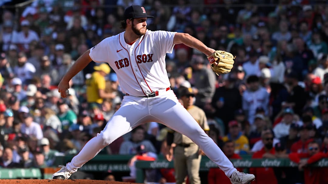 Apr 3, 2026; Boston, Massachusetts, USA; Boston Red Sox relief pitcher Justin Slaten (63) pitches against the San Diego Padres during the eighth inning at Fenway Park. Mandatory Credit: Eric Canha-Imagn Images
