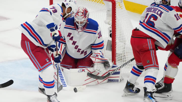 Jun 1, 2024; Sunrise, Florida, USA; New York Rangers goaltender Igor Shesterkin (31) makes a save against the Florida Panthers during the second period in game six of the Eastern Conference Final of the 2024 Stanley Cup Playoffs at Amerant Bank Arena. Mandatory Credit: Jim Rassol-USA TODAY Sports