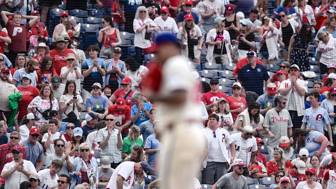 May 10, 2026; Philadelphia, Pennsylvania, USA; The crowd cheers as Philadelphia Phillies pitcher Jhoan Duran (59) pitches against the Colorado Rockies during the ninth inning at Citizens Bank Park. Mandatory Credit: John Jones-Imagn Images