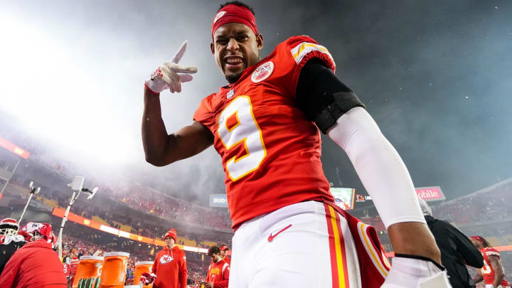 Jan 21, 2023; Kansas City, Missouri, USA; Kansas City Chiefs wide receiver JuJu Smith-Schuster (9) celebrates after defeating the Jacksonville Jaguars in an AFC divisional round game at GEHA Field at Arrowhead Stadium. Mandatory Credit: Jay Biggerstaff-USA TODAY Sports