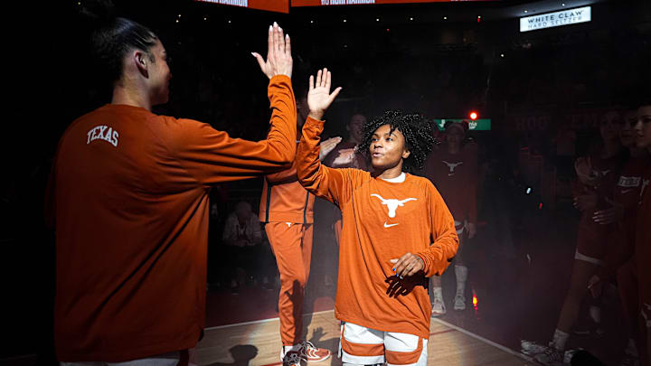 Texas Longhorns guard Rori Harmon (3) takes the court ahead of the game against Arkansas at the Moody Center on Sunday, Jan. 5, 2025.