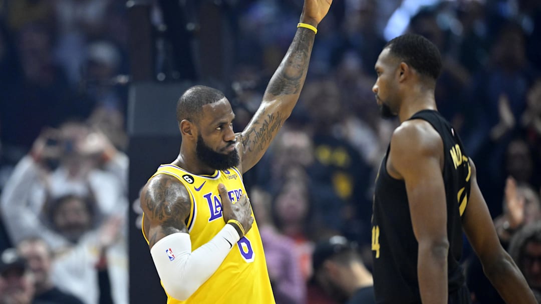 Dec 6, 2022; Cleveland, Ohio, USA; Los Angeles Lakers forward LeBron James (6) reacts to cheers in the first quarter against the Cleveland Cavaliers at Rocket Mortgage FieldHouse. Mandatory Credit: David Richard-Imagn Images