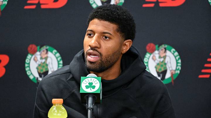 September 15, 2026; Boston, Massachusetts, USA; Boston Celtics forward Paul George (13) speaks during a press conference at The Auerbach Center at Boston Landing. Mandatory Credit: Eric Canha-Imagn Images