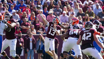 Nov 5, 2022; College Station, Texas, USA; Texas A&M Aggies quarterback Haynes King (13) throws a pass in the second half against the Florida Gators at Kyle Field. Mandatory Credit: Daniel Dunn-Imagn Images
