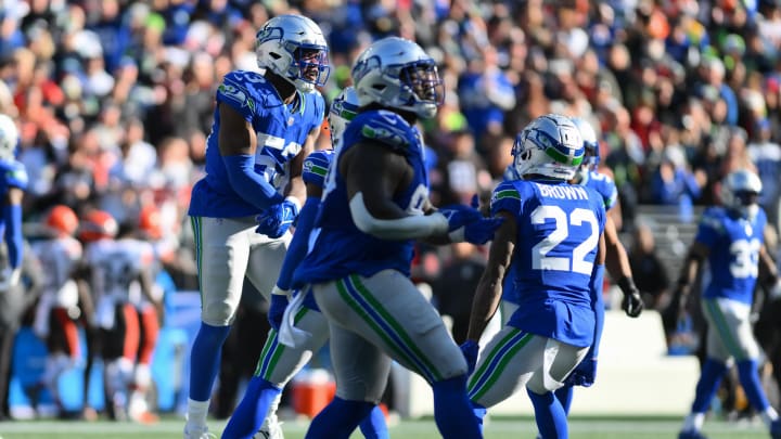 Oct 29, 2023; Seattle, Washington, USA; Seattle Seahawks linebacker Boye Mafe (53) celebrates after sacking Cleveland Browns quarterback PJ Walker (10) (not pictured) during the first half at Lumen Field. Mandatory Credit: Steven Bisig-USA TODAY Sports