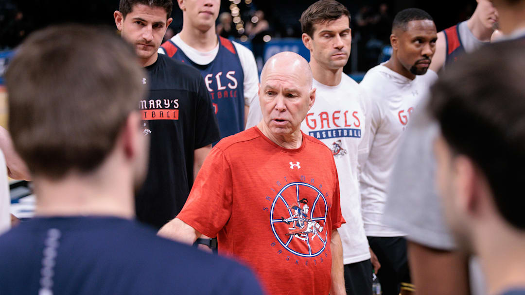 Mar 18, 2026; Oklahoma City, OK, USA; Saint Mary's Gaels head coach Randy Bennett speaks to the team during a practice session ahead of the first round of the men's 2026 NCAA Tournament at Paycom Center. Mandatory Credit: William Purnell-Imagn Images