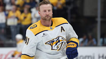 Apr 10, 2025; Salt Lake City, Utah, USA; Nashville Predators center Steven Stamkos warms up before a game against the Utah Hockey Club at Delta Center. Mandatory Credit: Rob Gray-Imagn Images