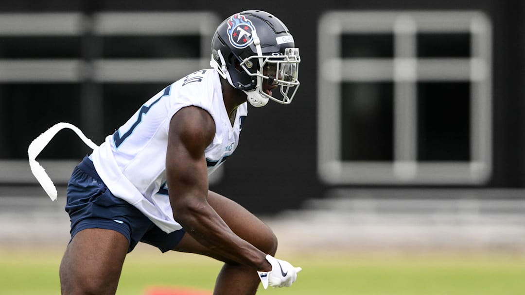 May 10, 2025; Nashville, TN, USA;  Tennessee Titans outside linebacker Oluwafemi Oladejo (53) goes through drills during Rookie Mini Camp at Saint Thomas Sports Park. Mandatory Credit: Steve Roberts-Imagn Images