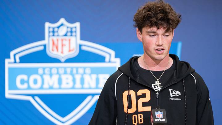 Feb 27, 2026; Indianapolis, IN, USA; Penn State quarterback Drew Allar (QB02) speaks to members of the media during the NFL Combine at the Indiana Convention Center. Mandatory Credit: Jacob Musselman-Imagn Images