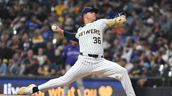 Sep 7, 2024; Milwaukee, Wisconsin, USA; Milwaukee Brewers pitcher Tobias Myers (36) delivers against the Colorado Rockies in the fifth inning at American Family Field. Mandatory Credit: Michael McLoone-Imagn Images