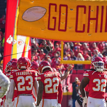 Nov 10, 2024; Kansas City, Missouri, USA; Kansas City Chiefs linebacker Nick Bolton (32) is introduced on field against the Denver Broncos prior to a game at GEHA Field at Arrowhead Stadium. Mandatory Credit: Denny Medley-Imagn Images
