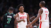 Nov 1, 2025; Boston, Massachusetts, USA; Houston Rockets forward Amen Thompson (1) reacts during the first half against the Boston Celtics at TD Garden. Mandatory Credit: Paul Rutherford-Imagn Images