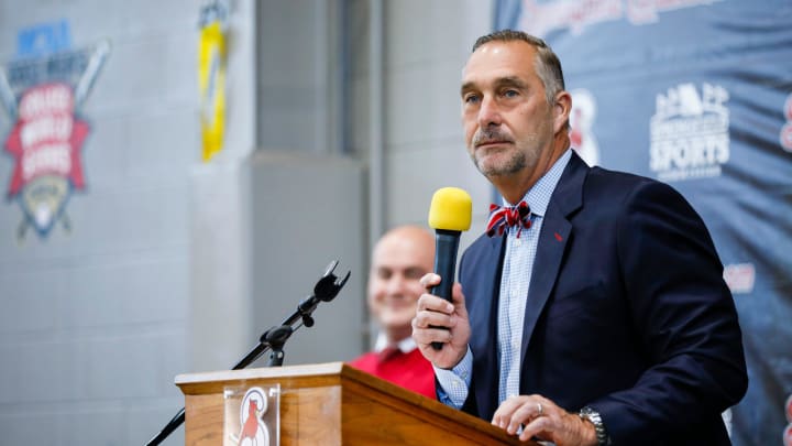 St. Louis Cardinals President of Baseball Operations John Mozeliak speaks at a press conference announcing that the Springfield Cardinals have been sold by the St. Louis Cardinals to Diamond Baseball Holdings on Monday, May 1, 2023.

Tcards Presser00058