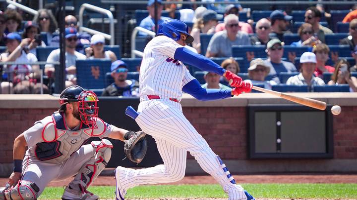 New York Mets left fielder Juan Soto (22) attempts to hit the ball during a game against the Boston Red Sox at CitiField, Jul 12, 2026, Flushing, NY, USA.