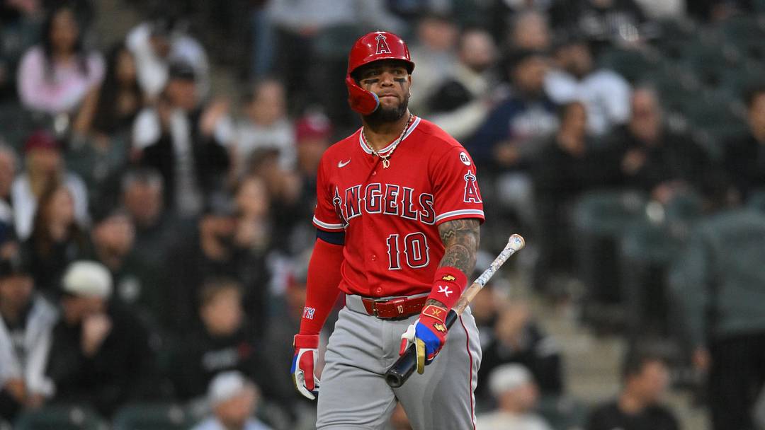 Apr 28, 2026; Chicago, Illinois, USA; Los Angeles Angels third baseman Yoan Moncada (10) reacts after striking out against the Chicago White Sox during the third inning at Rate Field. Mandatory Credit: Patrick Gorski-Imagn Images