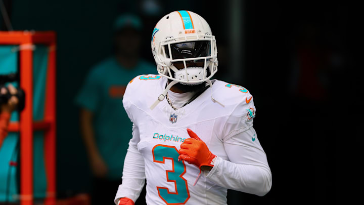 Oct 27, 2024; Miami Gardens, Florida, USA; Miami Dolphins wide receiver Odell Beckham Jr. (3) arrives for warmups before the game against the Arizona Cardinals at Hard Rock Stadium. Mandatory Credit: Sam Navarro-Imagn Images