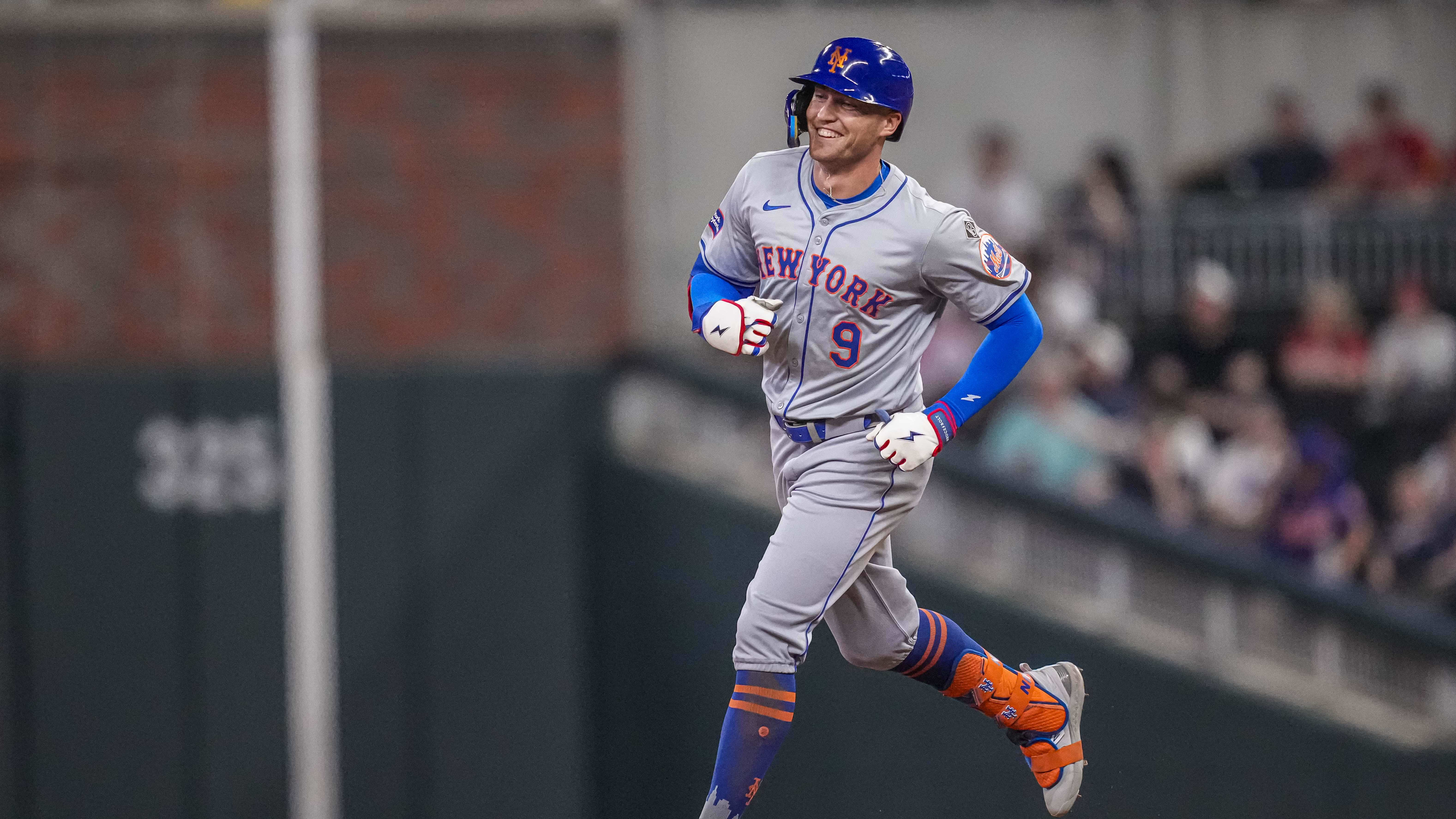 New York Mets center fielder Brandon Nimmo reacts after hitting his second home run of the game against the Atlanta Braves on Monday night.