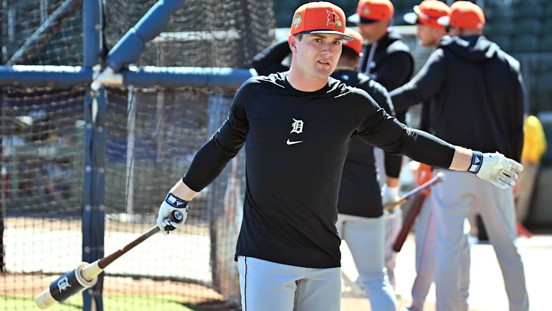 Feb 24, 2026; North Port, Florida, USA; Detroit Tigers shortstop Kevin McGonigle (85) prepares to take batting practice before the game against the Atlanta Braves during spring training at CoolToday Park. Mandatory Credit: Jonathan Dyer-Imagn Images