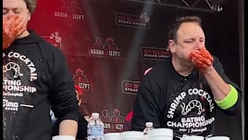 Joey Chestnut competes in an eating contest.