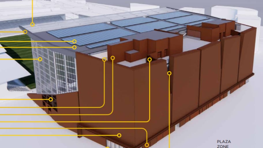 A 3D render of the outside of the new Kop Stand.