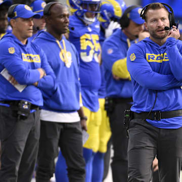 Oct 20, 2024; Inglewood, California, USA; Los Angeles Rams head coach Sean McVay and other coaches watches during the second half against the Las Vegas Raiders at SoFi Stadium. Mandatory Credit: Alex Gallardo-Imagn Images