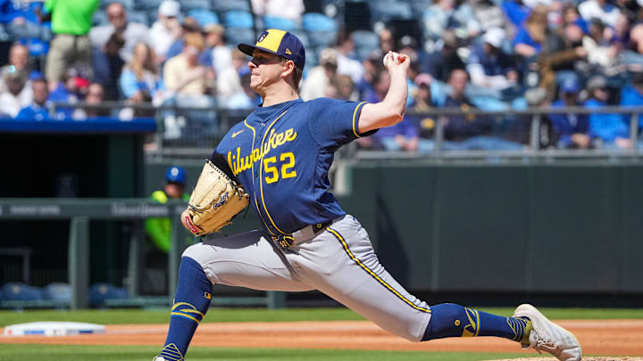 Apr 5, 2026; Kansas City, Missouri, USA; Milwaukee Brewers starting pitcher Kyle Harrison (52) delivers a pitch against the Milwaukee Brewers during the first inning at Kauffman Stadium. Mandatory Credit: Denny Medley-Imagn Images