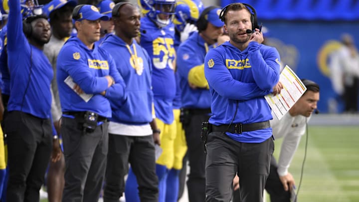 Oct 20, 2024; Inglewood, California, USA; Los Angeles Rams head coach Sean McVay and other coaches watches during the second half against the Las Vegas Raiders at SoFi Stadium. Mandatory Credit: Alex Gallardo-Imagn Images