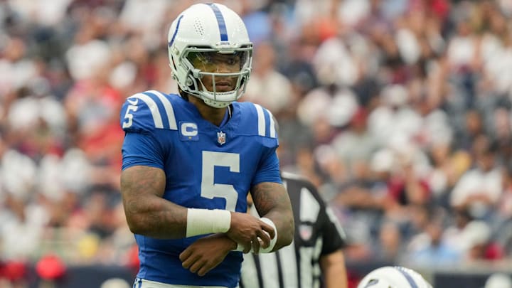 Indianapolis Colts quarterback Anthony Richardson (5) looks over the line of scrimmage Sunday, Sept. 17, 2023, during a game against the Houston Texans at NRG Stadium in Houston