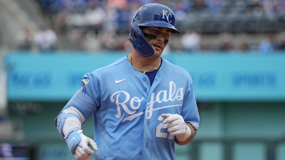 Apr 22, 2026; Kansas City, Missouri, USA; Kansas City Royals catcher Carter Jensen (22) runs the bases after hitting a solo home run against the Baltimore Orioles during the sixth inning at Kauffman Stadium. Mandatory Credit: Denny Medley-Imagn Images