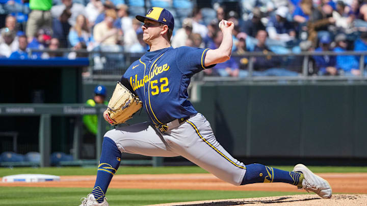 Apr 5, 2026; Kansas City, Missouri, USA; Milwaukee Brewers starting pitcher Kyle Harrison (52) delivers a pitch against the Milwaukee Brewers during the first inning at Kauffman Stadium. Mandatory Credit: Denny Medley-Imagn Images