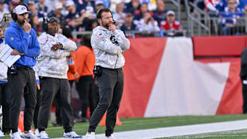 Nov 17, 2024; Foxborough, Massachusetts, USA;  Los Angeles Rams head coach Sean McVay watches from the sideline during the first half against the New England Patriots at Gillette Stadium.