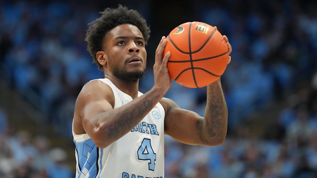 Feb 2, 2026; Chapel Hill, North Carolina, USA; North Carolina Tar Heels guard Jaydon Young (4) on the free throw line in the second half at Dean E. Smith Center. Mandatory Credit: Bob Donnan-Imagn Images
