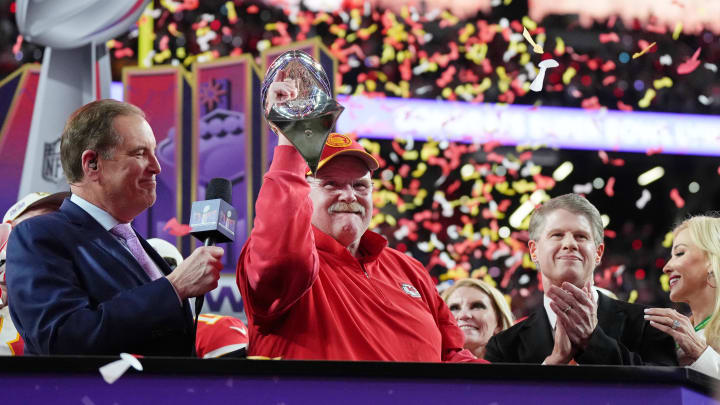 Kansas City Chiefs head coach Andy Reid celebrates the Super Bowl LVIII victory.