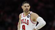 Apr 6, 2025; Charlotte, North Carolina, USA; Chicago Bulls center Nikola Vucevic (9) stands on the court during the second half against the Charlotte Hornets at Spectrum Center. Mandatory Credit: Nell Redmond-Imagn Images