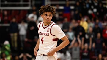 Feb 8, 2025; Stanford, California, USA; Stanford Cardinal guard Oziyah Sellers (4) looks on against the NC State Wolfpack in the second half at Maples Pavilion. Mandatory Credit: Eakin Howard-Imagn Images