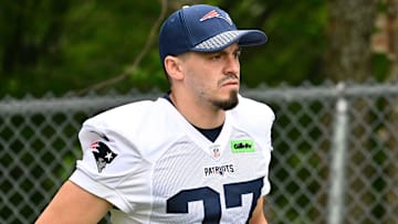 Jun 9, 2025; Foxborough, MA, USA; New England Patriots place kicker John Parker Romo (37) walks to the practice fields at Gillette Stadium. Mandatory Credit: Eric Canha-Imagn Images